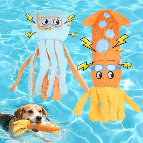 Mihachi Floating Dog Water Pool Toys 2 Pack for Swimming Pool, Interactive Crinkle Pet Puppy Chew Toys for Play and Training, Funny Dog Toy for Small Medium Large Breed, Octopus & Squid