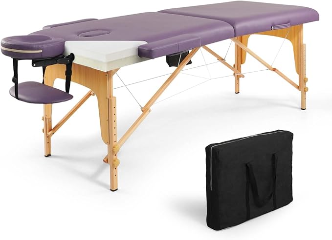 CAPHAUS Premium Memory Foam Massage Table, 84 Inch Foldable & Portable, Height Adjustable Spa Bed, Facial Cradle Salon Bed, Wooden Legs & Carry Case, 28 Inch Wide, Purple