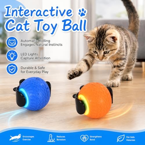 Tri-San Smart Automatic Interactive Cat Toy Ball, Rechargeable LED Moving Kitten Toy with Detachable Teaser Tail for Indoor Cat Hunting Exercise