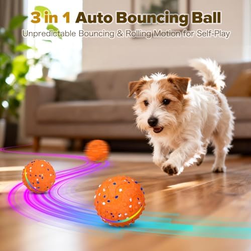 Interactive Dog Toys Ball, Self-Rolling & Bouncing Ball with RGB Colorful Lights to Keep Them Busy, 3-in-1 Interactive Mode, E-TPU Material, Type-C Charging, Moving Dog Toy for Dogs Puppies (Orange)