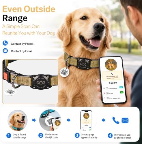 Geamen Waterproof Dog Collar QR Code Reflective Collar Khaki,S | Built-in Waterproof Holder, QR Code Tag, Reflective,Secure Buckle