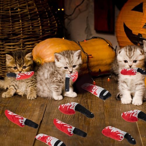 8pcs Catnip Toy, Indoor Knife Shaped Cat Toy Horror Plush Interactive Chew Bite Toys for Halloween Christmas Cat Kitten Indoor Festive Holiday Cat Lover Gift