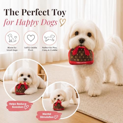 Dog Diggin Designs Chewy Vuiton Posh Purse Plush Dog Toy | Luxury-Inspired Parody Designer Handbag with Squeaker, Soft Plush Fashion Dog Toy – Haute Couture Purses & Handbags