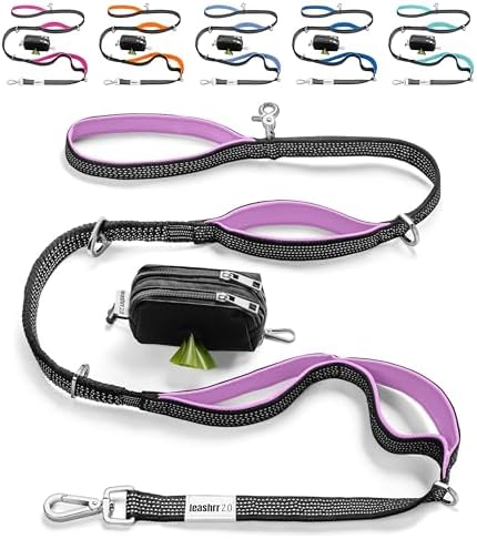 Heavy Duty Dog Leash for Large Dogs – 6FT Reflective Bungee with Padded Handles, Strong Carabiner Clip, No Pull Control for Medium & Large Breeds, Includes Poop Bag Holder & Treat Pouch (Purple)