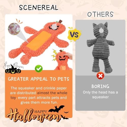 SCENEREAL Stuffless Halloween Dog Squeaky Toys for Small Medium Dogs, Crinkle Puppy Chew Toy, 3 Pack Cute Animals Shape Soft Pet Plush Teething Toys(Skeleton & Pumpkin & Bat)