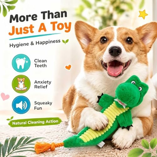 Dog Rope Toy Plush Squeaky Chew Tug of War Toy - Green Alligator