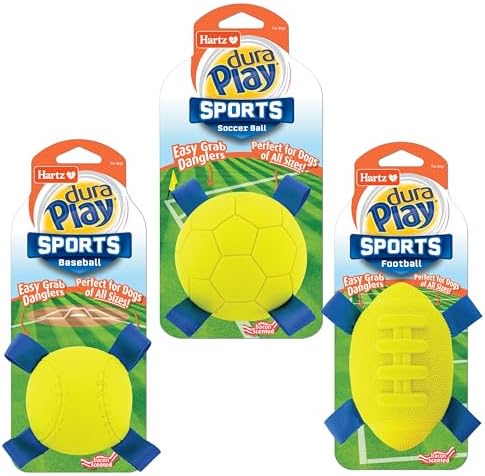 Hartz Dura Play Sports Ball Variety Dog Toy, Bacon Scented Squeaky Latex Yellow & Blue Toy, 3 Count