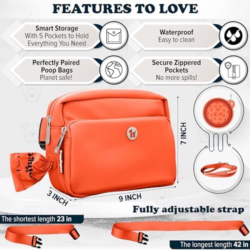 Puppington 3-in-1 Crossbody & Dog Treat Pouch for Pet Training - Matching Compostable Poop Bags, Built-In Poop Bag Dispenser & Slow-Feeding Travel Dog Bowl - Dog Walking Bag (Poppy Orange)