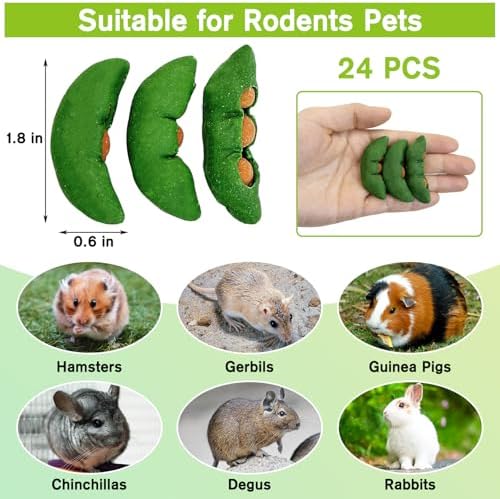 Fhiny Peapods Hamster Chew Toys, 24 PCS Natural Timothy Grass Carrot Guinea Pig Chew Toys for Teeth Handmade Small Animal Molar Snacks Dental Care for Bunny Chinchilla Hamster Gerbil Boredom Breaker