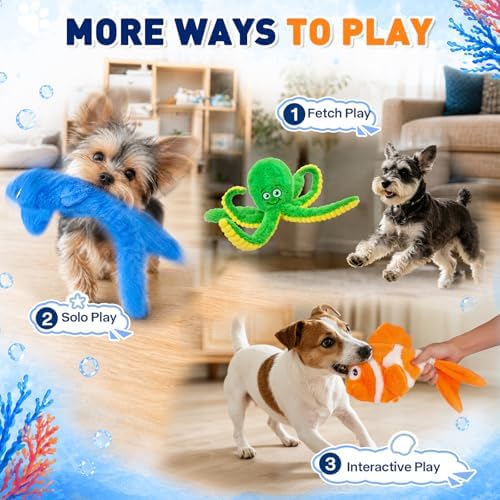 No Stuffing Squeaky Crinkle Dog Toys, 5-Pack Ocean Animal Plush Set