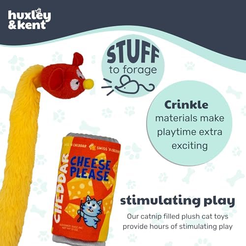 Huxley & Kent Stuffer Plush Cat Toy - Interactive Hide and Play Catnip Toy for Cats & Kittens - Plush with Crinkle & Catnip - Perfect for Engaging & Chasing - Cheddar Cheese Please