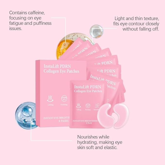 Serene Eye Patches with PDRN Collagen, Instant Anti-Wrinkle Eye Mask for Dark Circles & Puffy Eyes, Hydrating Under Eye Patches with Hyaluronic Acid, Instalift Treatment, 8 Pairs