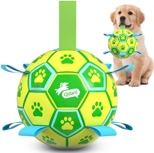 QDAN Dog Toys Soccer Ball, Durable Dog Balls with Strap for 20-40 lbs Dogs | 6 Inch Puppy Water Pool Toy, Durable Rope Toys for Dogs, Outdoor Herding Balls for Small Medium Dogs, Dog Gifts, Green