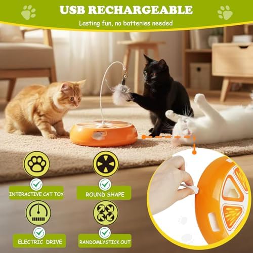 Puffluv Interactive Cat Toy,2 in 1Fruite Shape Toys with Electric Moving Concealed and Hanging Feathers Pop and Play Hide Seek, Hunting,Tpye-C Rechargeable-Orange