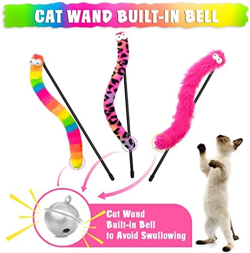 Cat Wand Toys with Bright Furry Critter Tails and Bells, 3-Pack