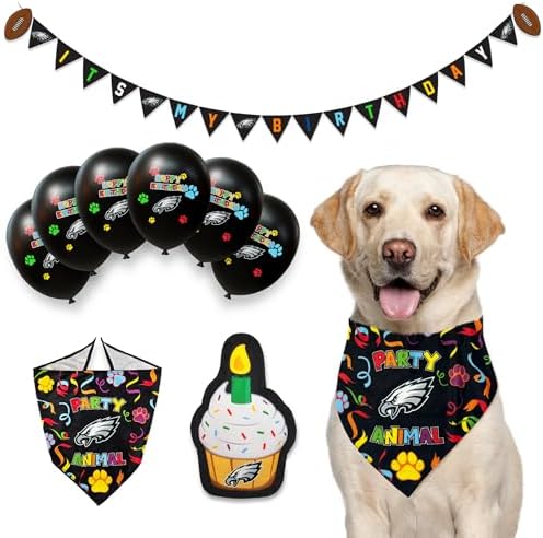 NFL Philadelphia Eagles Dog Birthday Party Set 9pcs with 1 Football Bandana Small/Medium, 1 Banner, 1 Birthday Cake Toy & 6 B-Day Balloons, Dog Birthday Set, Costume, Fun Doggie Pawty Accesories