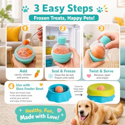 Dog Licking Bowl with Rolling Ball for Liquid Treats, Anti Slip Slow Feeder Dog Bowls with Ice Ball Mold & Clean Brush, Enrichment Puzzle Toy for Small and Medium Dogs