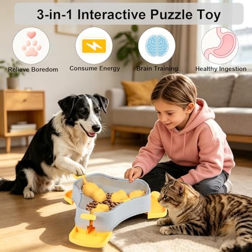 Dog Cat Treat Dispenser Slow Feeder Toy, 3-in-1 Interactive Dog Puzzle Press Toys, Dog Enrichment Toy No-Slip Interactive Brain Training Toys for Smart Dog Cats (Grey/Yellow)