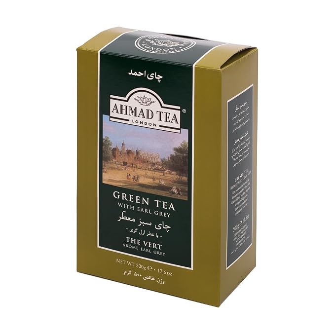 Ahmad Tea Green Tea, Green Tea with Earl Grey Loose Leaf, 500g - Caffeinated and Sugar-Free (Pack of 2)