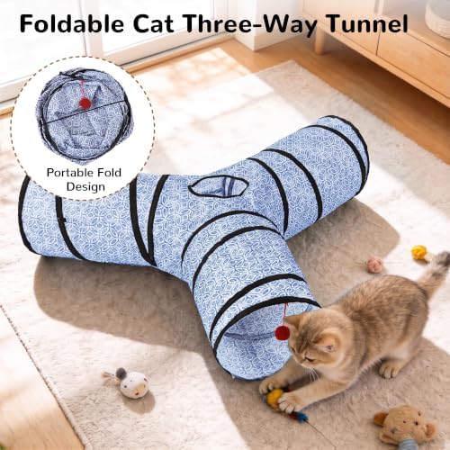Tempcore Cat Tunnel, 3-Way Collapsible Toy, Large Size Blue Coin