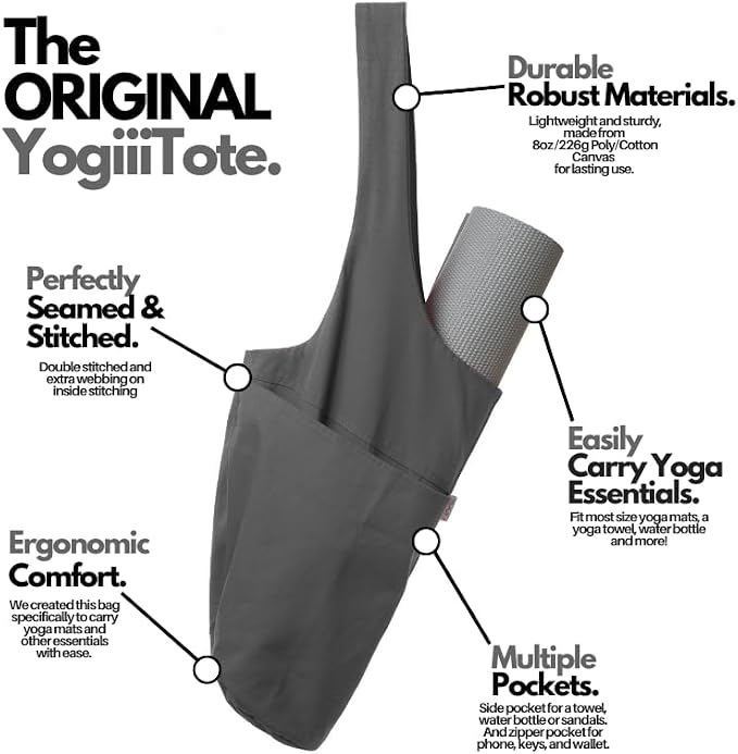Yogiii Yoga Mat Bag | The ORIGINAL YogiiiTote | Yoga Mat Carrier Tote Sling w/Large Side Pocket & Zipper Pocket | Fits Most Size Mats