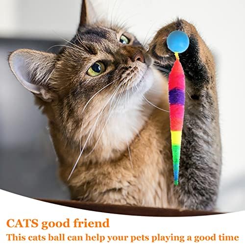 SHENGSEN Bouncy Ball with Tail Cat Toys-5 Packs,Rainbow Small Magic Worm with Ball Toy for Cats,Colorful Fuzzy Worm Bouncy Balls Cat Toy