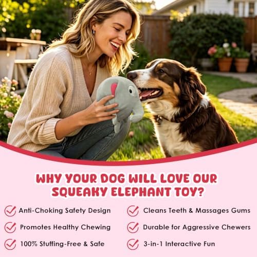 XIAPIA 3-in-1 Plush Elephant Squeaky Dog Toys for Aggressive Chewers