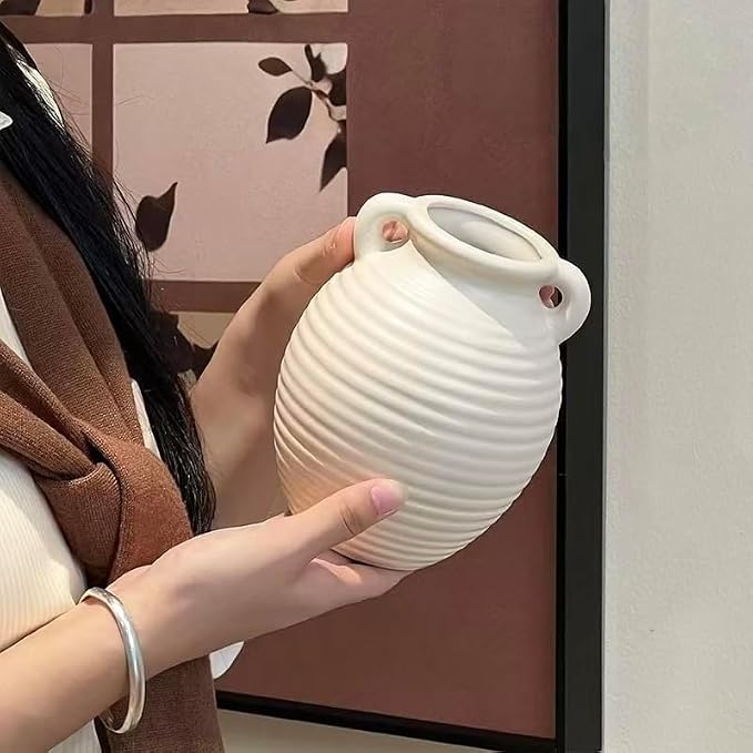 Ceramic Vase, 6-inch Small White Farmhouse Vase for Rustic Home Decor, Modern Cloud Texture Decorative Pitcher Vase for Living Room, Shelf, Mantle, Table Centerpiece,Flower Vase (6-inch dual speakers)