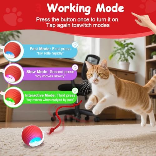 Interactive Cat Toys Smart Ball for Cats and Dogs, 360° Automatic Rolling Chase, 2 Rapid-Action Tails, Designed for Indoor pet Exercise, Boredom Relief, and Fun Chase Play.(Red)
