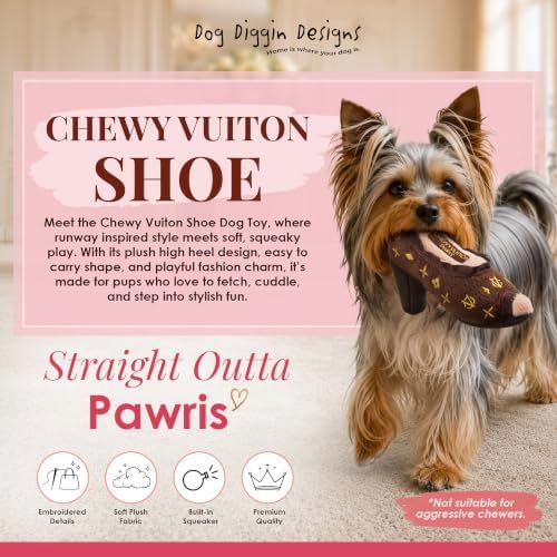 Dog Diggin Designs Chewy Vuiton Squeaky Plush Dog Shoe Toy | Luxury-Inspired Parody Designer Heel with Squeaker, Soft Plush Fashion Dog Toy – High Heel Essentials