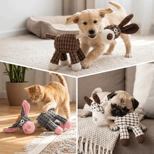 Pet Squeaky Chew Toy Interactive Durable Plush Dog Toy for Small Medium Large Breeds, Teeth Cleaning & Boredom Relief(Beige & Brown Goat)