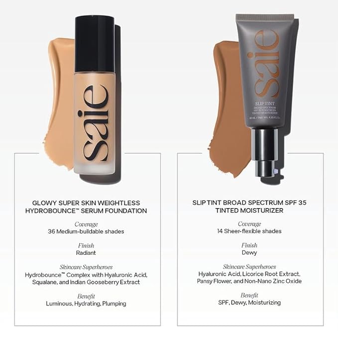 Saie Glowy Super Skin Tint Liquid Foundation - Weightless + Dewy Foundation with Lightweight Medium Coverage - Hydrating Face Makeup + Skin Care Serum Hybrid with Hyaluronic Acid - Shade 3 (1.01 oz)