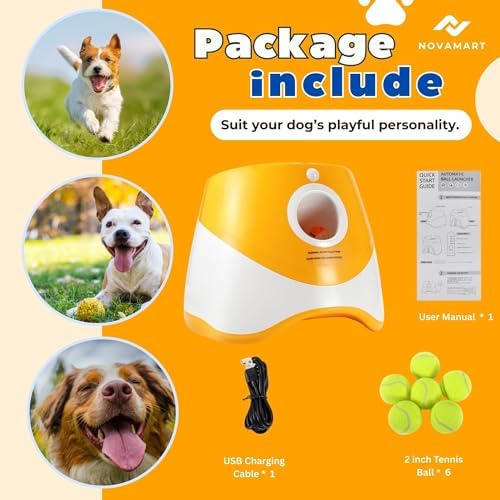 Dog Ball Launcher – Automatic Dog Ball Thrower for Small and Medium Dogs, Interactive Pet Toy with 6 Mini Tennis Balls & Adjustable Launch Distance, Indoor & Outdoor Play