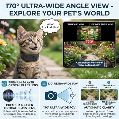 Pet Collar Camera 170 Degree Wide Angle Lens Video Recording Action Camera for Dogs and Cats Indoor Outdoor High Resolution Battery Life Collar Camera Pet Wearable Pet Camera