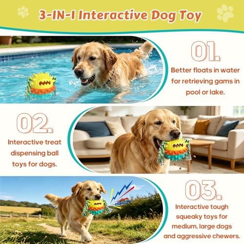 Dog Chew Toys Floating 4" Squeaky Ball for Aggressive Chewers Toothbrush Teething Cleaning Toys Outdoor Swimming Interactive Tough Toys with Treat Dispenser Ball for Medium and Large Dogs