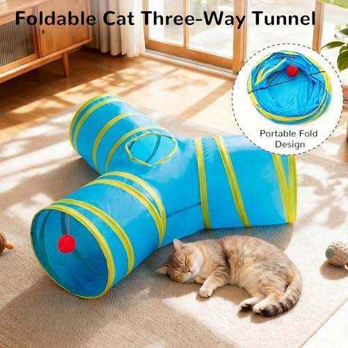 Tempcore Cat Tunnel, 3-Way Collapsible Toy for Indoor Cats, Blue & Yellow