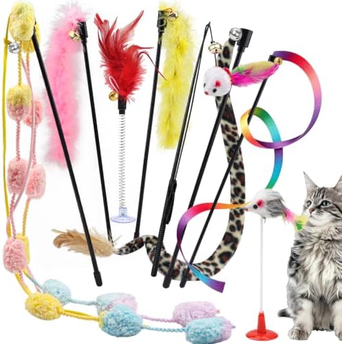 QUOZUO 8 Pack Interactive Cat Wand Toy Set, Cat Teaser Wand with Bells Colorful Feather Rainbow Kitten Toys for Exercise Indoor Cats Kitten