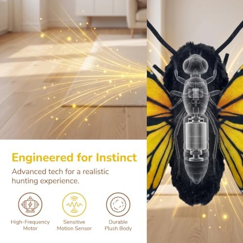 Smart Sensing Flapping Butterfly Cat Toys Interactive, Rechargeable Motion-Activated Butterfly with Realistic Flapping Wings, Electric Hanging, Indoor Cat Enrichment Toy, Soft Plush for Solo Play，A