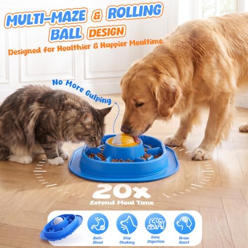 2-in-1 Slow Feeder Dog Bowl with Rolling Ball, Interactive Lick Bowl Toy for Dogs & Cats, Anti-Gulp Maze Feeder with Suction Base for Wet Food, Bone Broth & Treats, Anxiety Relief Enrichment Toy-Blue