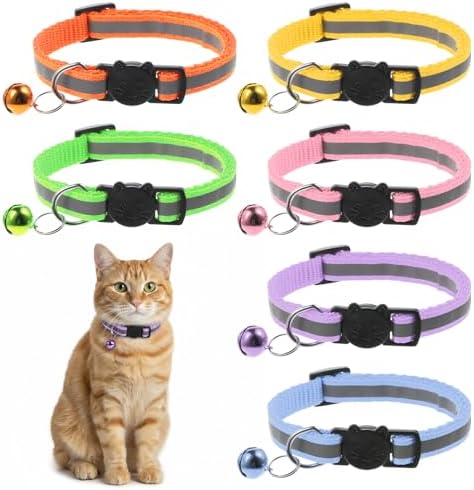 TIESOME 6 Pcs Kitten Collar with Bell, Reflective Cat Collar Breakaway Safety for Cats, Adjustable Nylon Pet Collar Mixed Colors 7.8-12.6 Inch