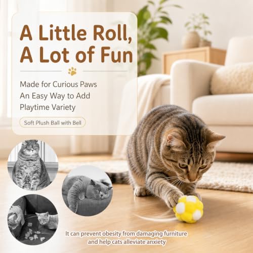 Cat Pom Pom Balls with Bells, 6 PCS Soft Fuzzy Cat Toy Balls, 1.77in Colorful Interactive Kitten Chew Scratching Toys, Lightweight Indoor Outdoor Play Balls for Kittens & Indoor Cats