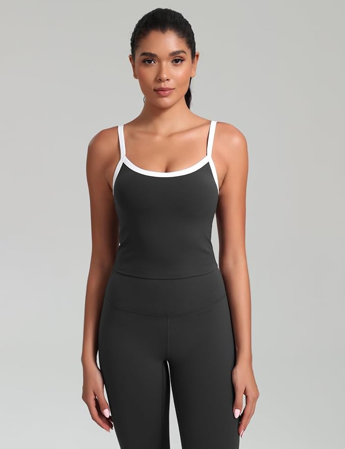 HeyNuts Vintage Color-Block Strappy Crop Tank Top for Womens, Cute Contrasting Trim Yoga Longline Sports Bras Padded A-D Cups