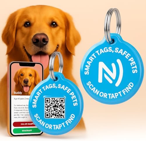 Smart Pet ID Tag with QR Code & NFC – Epoxy Coated Waterproof PVC – Scan or Tap to Access Pet Info – Universal Tag for Dogs & Cats – No App Needed – Update Profile Anytime (Sky Blue)