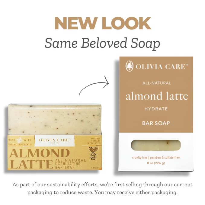 Olivia Care Exfoliating Bar Soap, Coffee Beans, 100% Natural, Organic Ingredients, Clean Energize Mind Body, Full of Vitamin & Antioxidants (Almond Latte)