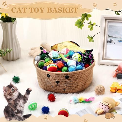 Zopeal 58 Pcs Summer Cat Storage Basket Gift Toys Set, Colorful Flashing Balls Pet Bell Crinkle Balls Spring Toys Attract Cat to Swat, Hunt, Interactive for Pet(Khaki,9.8 Inch)
