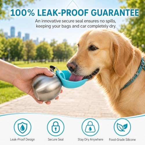 2 in 1 Portable Tumbler for Dogs, Portable Dog Water Ball, 10oz Stainless Steel Pet Water Dispenser with Silicone Foldable Bowl, Leak Proof, Portable Small Dog Water Bottle for Walking, Hiking(Pink)