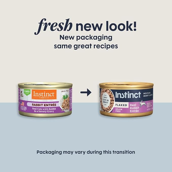 Instinct Flaked Entrees, Wet Canned Cat Food, Rabbit, 3 oz. (24 Count) | Tender flaked cuts in savory gravy, high protein, real rabbit, whole-food ingredients, grain-free, hydration support
