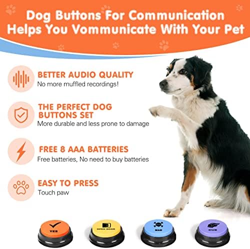 Dog Buttons for Communication,Talking Buttons for Dogs,4 Recordable Sound Buttons + 24 Scene Patterns + 1 Dog Button Mat+ 8 AAA Batteries