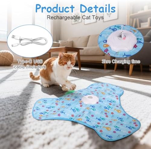 Interactive Cat Toys for Indoor Cats, Automatic Hide and Seek Cat Toy, Moving Concealed Feathers, Mouse Squeaky, Rechargeable Touch Activated Exercise Toys for Kitten Bored Adult Cats, 3 Modes