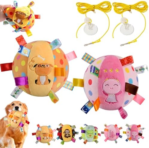 Colorful Squeaky Hanging Dog Training Toy, 6-Inch Squeaky Hanging Dog Toy, Soft Stuffed Ball with Cotton Material, Built-in Bell, Interactive Tug Chew Toy for Small Medium Dogs Indoor Play Fun (Mix-4)